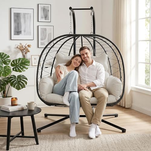 Bifanuo Double Hanging Egg Chair with Stand, Outdoor Indoor Swing Chair with Removable Cushion for 2 Person, Heavy Duty 700LBS Capacity for Patio, Bedroom, Garden (Classic Black-Beige)