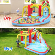 7-in-1 + Inflatable Water Park Bounce House + with Splash Pool, Water Gun, Climbing Wall, Basketball Hoop and Soccer Goal + Outdoor Garden + Bouncer for Kids
