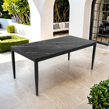 WAQINBR Outdoor Aluminum Marble Dining Table for 6-8, 71” Luxury Patio Table with Black Sintered Stone Top, Post Tapered Legs for Garden, Lawn, Weatherproof & Rust-Free