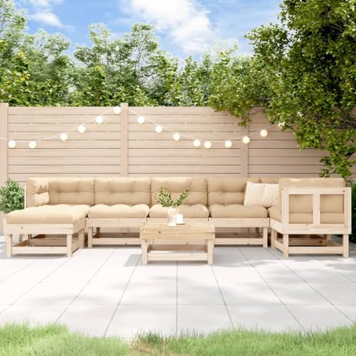LKJVFCPW 8-Piece Outdoor Patio Lounge Set with Cushions, Modular Solid Pine Wood Garden Sofa and Coffee Table, Brown Frame with Beige Oxford Fabric Cushions, Large Patio Furniture Set