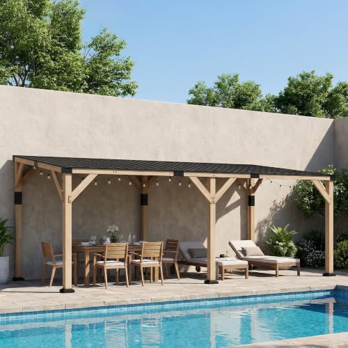 Outsunny 10' x 20' Wooden Gazebo Hardtop Lean-to for Patio Light Walnut