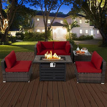 6PCS Patio Rattan Furniture Set 42" Fire Pit Table Cover Sofa Cushion Red