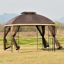 10' X Outdoor Patio Gazebo Canopy with Tier Roof, Removable Mesh Curtains, Display Shelves, Brown(E)