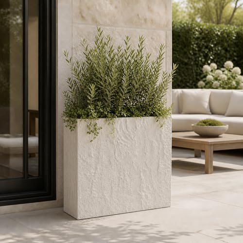 Rock Texture Rectangular Polystone Planter Box, White, 32.7 x 13 x 28.3 in