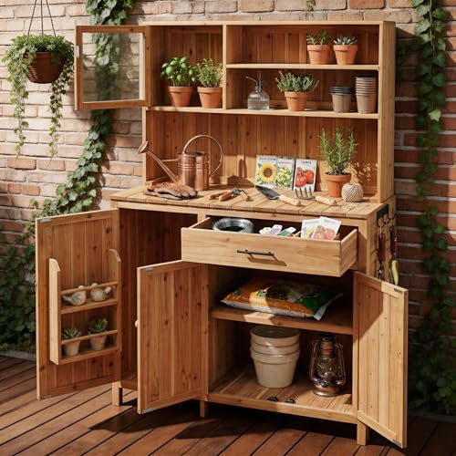 65 Inch Garden Potting Bench with Hutch Top, Natural