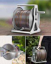 FENOKD Stainless Steel Garden Hose Reel with 10/15/20/30M Hose, Wall Mounted Hand Crank Water Pipe Reel Hose Storage Holder with 5 Pattern Hose Nozzle.C-30m