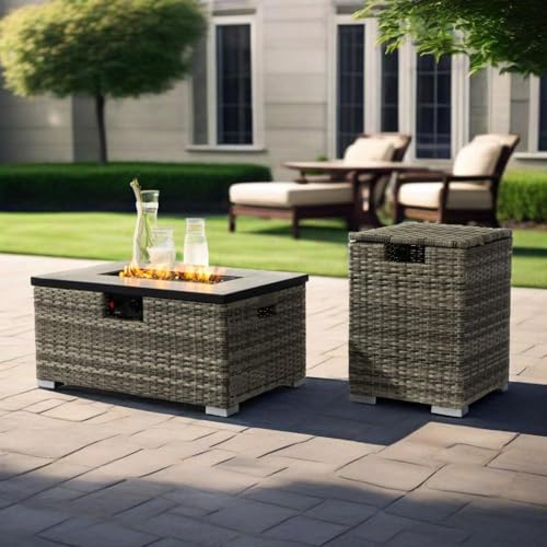 32 Inch Rectangular Propane Fire Pit Table with Wicker Base and Ceramic Top for Outdoor Patio Garden Use - Dark Gray (Beige + Ceramic Tile+Iron + Rattan+Metal + Rattan)
