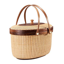 ZYBB Picnic Basket Easter Basket Handmade Rattan Basket with Lid and Wooden Bottom with Double Folding Handles Large Basket 30.5X21.5X16.5cm(Color:Brown)