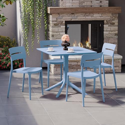 Costaelm Set of 4 Dining Chairs, HDPE Patio Square Coffee Table and Stackable Chairs, Outdoor Deck Furniture All Weather for Backyard Porch Poolside, French Blue