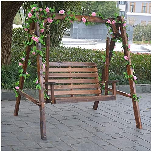 KYTGFH Patio Swing Porch Hang Club Bench Chair,Garden Swing Outside Furniture Outdoor Swing Chair,All Solid Wood Waterproof with Flower Vine Terrace Rocking Chair(Brown Have Flowers)