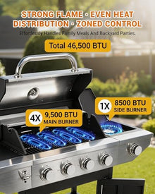EUHOME 4-Burner Propane Gas BBQ Grill with Side Burner, 46,500 BTU Stainless Steel Outdoor BBQ with Enameled Cast Iron Grates & Side Tables for Patio, Backyard, and Outdoor Cooking