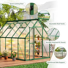 CABIHOME 8x12 FT Outdoor Greenhouse, Polycarbonate Greenhouse with Roof Vent and Ground Nails, Aluminum Large Walk-in Green House w/ Lockable Push Door for Outdoor Garden (Green, 6x9 FT)