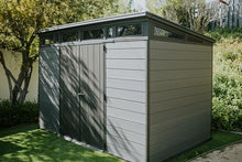 Keter Cortina 11x7 Ft All-Weather Storage Shed with Skylight, Window, Built-in Ventilation, Customizable Walls, & Lockable Double Doors, Graphite