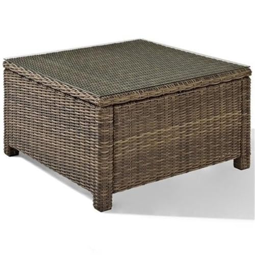 Pemberly Row 32" Square Patio Coffee Table, Glass Top, Brown Finish, PE Wicker and Steel Frame, Weather-Resistant Outdoor Table for Patio or Deck