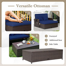 LDAILY Moccha Outdoor Daybed, Wicker Loveseat Sofa Set with 4-Postion Adjustable Backrest, Storage Ottoman, Cushions, Rattan Double Bed Lounger, Patio Furniture Set (Navy)