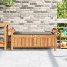 fsahslih Garden Storage Bench with Dark Grey Cushion, Solid Acacia Wood 2-Seater Outdoor Patio Bench with Under Seat Storage, Rectangular Wooden Furniture for Balcony and Terrace, Brown