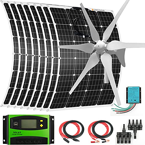 1360W Solar-Wind Kit 8 x 120W Flexible Monocrystalline Solar Panel+400W Wind Turbine Hybrid System for RV, Boat, Cabin, Trailer, Roofs, Off Grid System, 12V/24V Battery Charging