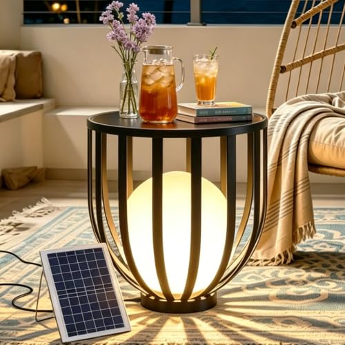 MIUWLXT Outdoor Solar Patio Side Table, 20" Black Round Table Made of Metal