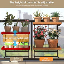 MARIYCH 2-Tier Hanging Railing Plant Holder, Balcony Flower Pot Display Holder with Adjustable Hooks, Set of 2 Metal Hanging Plant Shelf for Patio, Porch and Fence