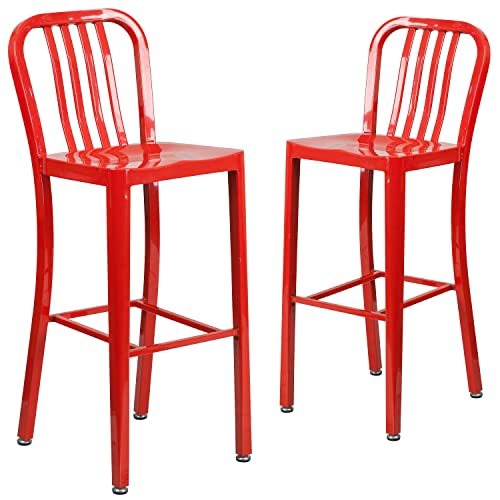 Flash Furniture Gael Commercial Grade 2 Pack 30" High Red Metal Indoor-Outdoor Barstool with Vertical Slat Back