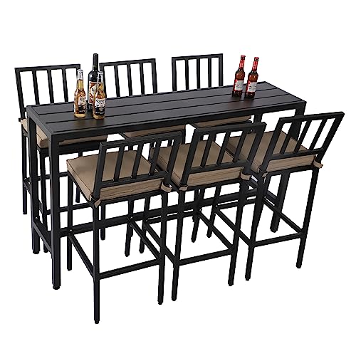 ONLYCTR Outdoor Bar Chairs and Table, Metal Patio Bar Set, 7 Piece Set with Stools & Cushions for Backyard, Porch, Bistro, Balcony (Black, 63" Table, 6 Vertical Back Stools)
