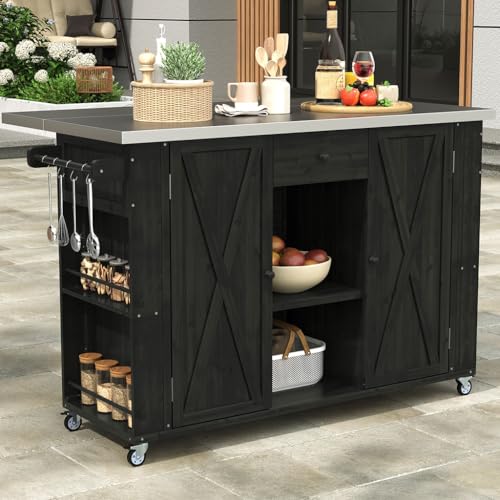YATON 52" Outdoor Kitchen Island Grill Cart with Stainless Steel Foldable Top, Rolling BBQ Prep Table with Storage Cabinet, Drawer, Spice Racks & Lockable Wheels for Patio Backyard Cooking,Black