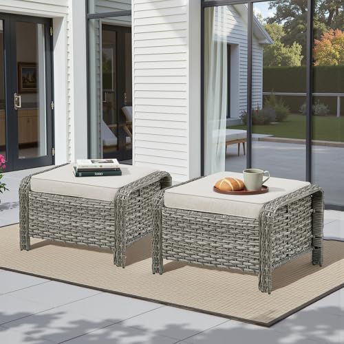 Seeheool Outdoor PE Wicker Ottomans Set of 2, Patio Gray Rattan Footrests with Beige Cushion for Backyard or Deck