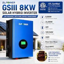 ZLPOWER UL1741 8000W 48V Off-Grid Inverter Charger, Peak Power 24000W for 20s, 240V AC Input, 120/240V Split Phase Output, Pure Sine Wave, Built-in 2 MPPT Low Frequency for Solar System