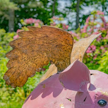 Zaer Ltd. Pink Pig Metal Garden Statue with Golden Wings, 34.75 x 20 x 30.5 inches, Outdoor Yard Art Decor