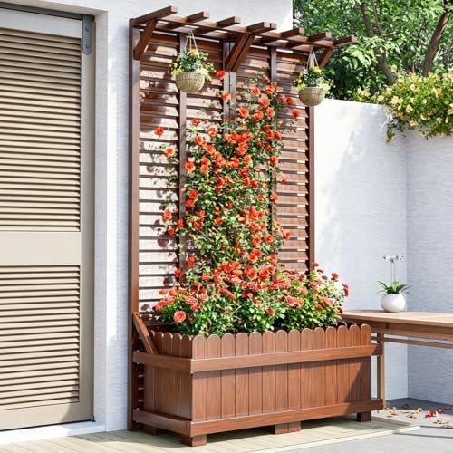 Large Floor-standing Wooden Planter With A Trellis, Tall Privacy Screen For Climbing Vines,Combines Hanging Planters With In-soil Planting,Suitable For Terraces(39.4x15.7x70.9in,With Top)