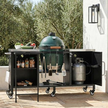 VOOTOLOVER 72.4x47.4x34.3Inches Rolling Black Large Grill Table for Big Green Egg, Metal Outdoor Grill Cart with Fold-Out Prep Table, Shelves & Spice Rack, for Outdoor Cooking Meal Prep Storage