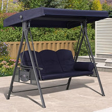 Patio Porch Swing with Adjustable Canopy, 3-Seat Swing Chair with Anti-Slip Foot Pads & Seat and Back Cushions, A-Frame Structure, for Backyard Lawn Garden Park(Blue)