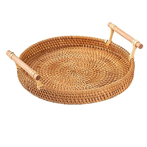 Storage Basket,Small Picnic Hand-Woven Round Wicker Rattan Tray Bread Fruit Breakfast Kitchen