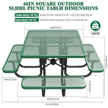 46" Square Top Outdoor Picnic Table Set for Up to 8 Persons, Outside Table Set with 4 Built-in Benches, Metal Commercial-Grade Dining Furniture with Umbrella Hole for Garden, Backyard, Porch, Green