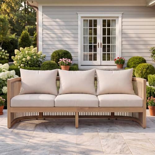 Christopher Knight Home Nadek Acacia Wood Outdoor 3 Seater Sofa with Cusion, Solid Wood Patio Sofa with Woven Rope Accents, Comfy Lounge Sofa for Patio Furniture Set, Light Teak+Beige