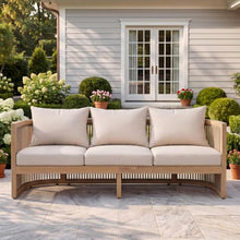 Christopher Knight Home Nadek Acacia Wood Outdoor 3 Seater Sofa with Cusion, Solid Wood Patio Sofa with Woven Rope Accents, Comfy Lounge Sofa for Patio Furniture Set, Light Teak+Beige