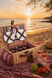 Handmade Wicker Picnic Basket Set for 4 People with Red Gingham Pattern, Wood, Insulated Compartment, Includes Glass Goblets, Plates, and Water-Resistant Blanket - Brown and Red