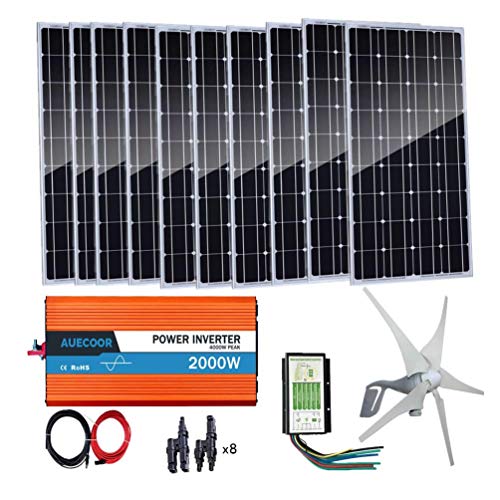 AUECOOR 24V 1400KW Wind Solar Hybrid System: 10x 100W Mono Solar Panels + 400W Wind Turbine Generator + 2000W 24V-110V Off Grid Inverter (Peak 4000W)+ Accessories for Boat Home