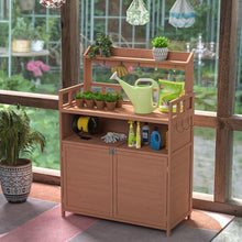 Outdoor Potting Bench with Large Storage Cabinet and Top Shelf for Garden Workstation Use