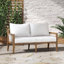 Nathan James Freya Bohemian Wood Loveseat Upholstered Sofa White Cushion/Light Brown Wood