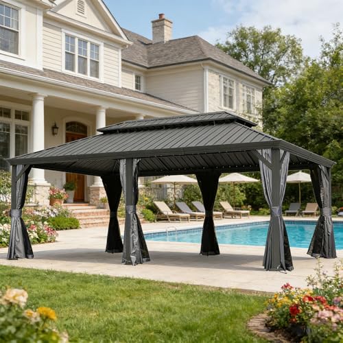 336 sq ft Outdoor Pavilion, Hardtop Pergola with Ventilated Double Roof & Rain Drainage, 5 Ceiling Hooks, All-Weather Patio Canopy with Privacy Curtains & Screens, Grey