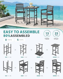 SERWALL 3 Pcs HDPE Bar Height Adirondack Chairs and Bar Table Set, Grey