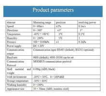 Aoleaby Mini Wind Speed and Direction Sensor, Mini-C2HS Anemometer Weather Station Air Temperature Tester(Mini-C2HS-485)