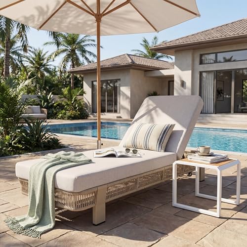 Outdoor Chaise Lounge with Cushion, Patio Outside Chair Metal & Rope Frame