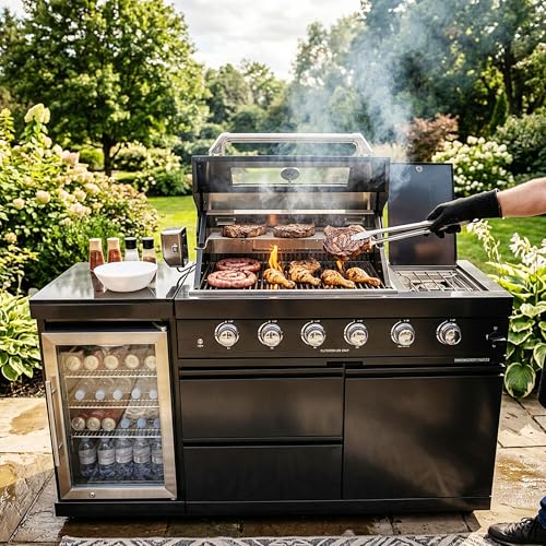 TYMMC 46-Inch 4-Burner 85000 BTU Stainless Steel Outdoor Gas Barbecue Grill Island with Wine Cooler Rotisserie Kit Granite Countertops