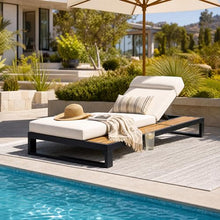 Christopher Knight Home Faye Chaise Lounge Chair Outdoor and 4-Fold Cushion Built-in Headrest, Adjustable Iron Outdoor Recliner Chair, Pool Lounger with Wooden Side Storage Surface, Teak+Black+Beige