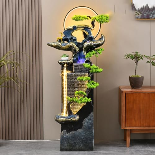 Modern Zen Water Fountain with LED Lights and Bonsai Accents – Tall Indoor/Outdoor Waterfall for Home, Garden, or Office Decor (Small)(Large)