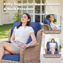 Hassyee 3 Pieces Wicker Bistro Set with Swivel Chairs and Square Two Tier Coffee Table for Lawn, Backyard, Outdoor Furniture Set with Tempered Glass Tabletop and Thick Cushions for Balcony