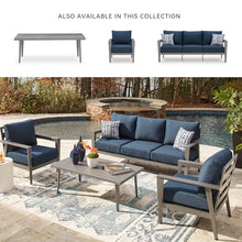 Signature Design by Ashley Gali Casual Nuvella Weather Resistant Fabric Outdoor Sofa/Chairs/Table Set with Cushion and Throw Pillows, Set of 4, Blue & Light Gray
