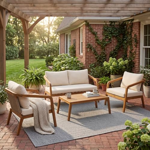 Hassyee Outdoor Loveseat & Coffee Table Set with PE Wicker Back & Water-Resistant Cushions for Balcony, Poolside, Patio Conversation Set with Acacia Wood Frame for Lawn, Garden (4 PCS Set)